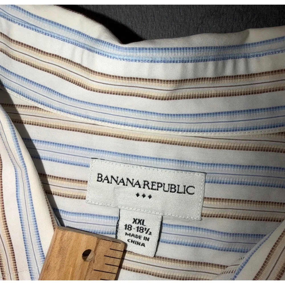 Banana Republic Mens XXL Blue Tan Striped Cotton Long Sleeve Button Down Shirt